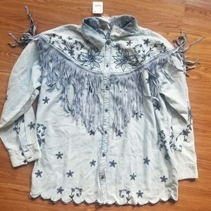 FREE PEOPLE GREAT PLAINS FRINGE DENIM SHIRT